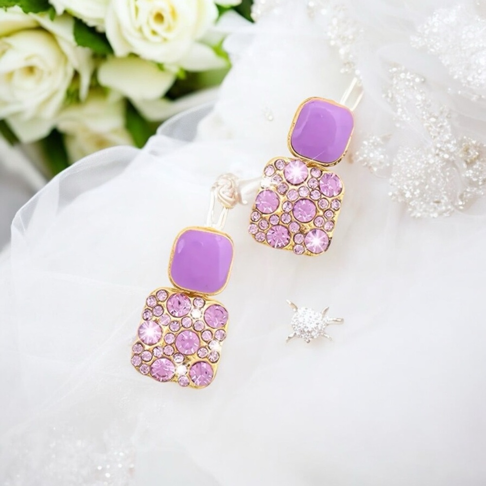 Shiny Rhinestone Square Shape‎ Gold Plated Purple Alloy Elegant Style Earrings